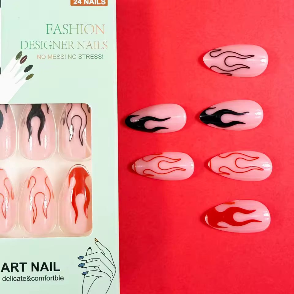 Red And Black Flame Punk 24 Piece Almond Shape Short False Nail Set