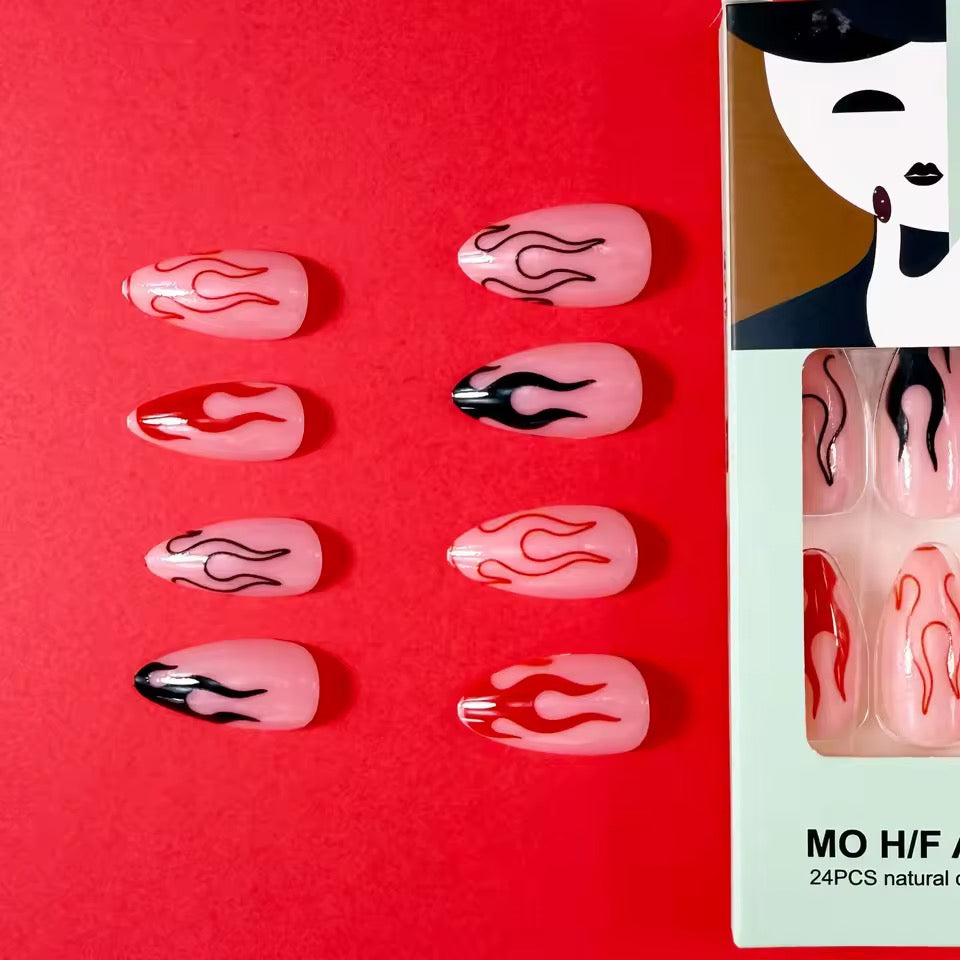 Red And Black Flame Punk 24 Piece Almond Shape Short False Nail Set