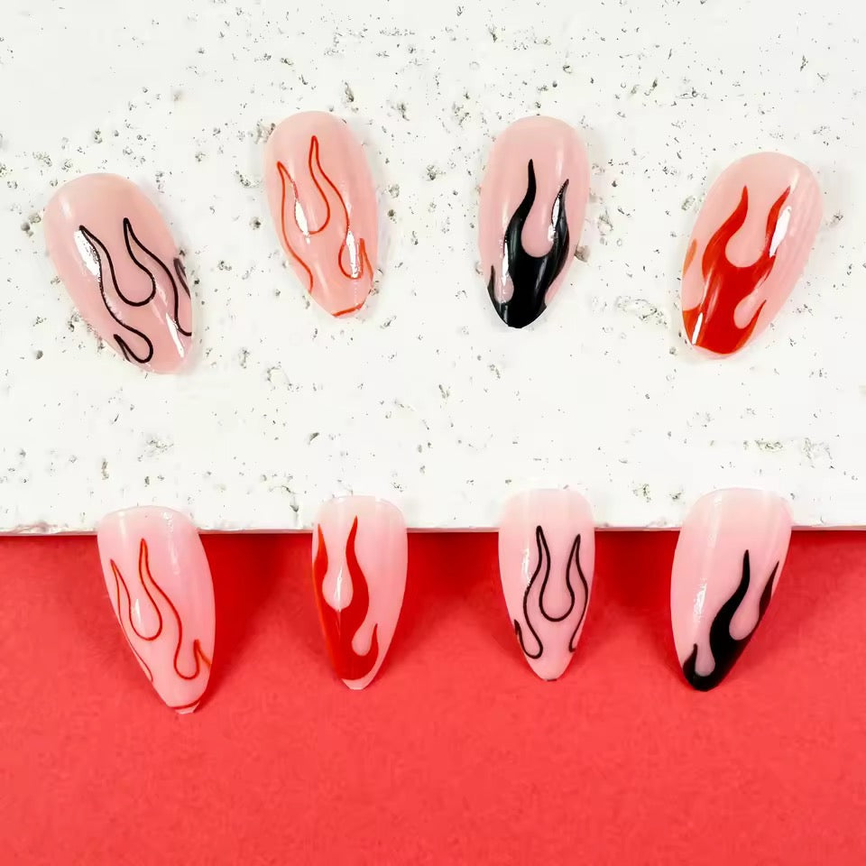 Red And Black Flame Punk 24 Piece Almond Shape Short False Nail Set