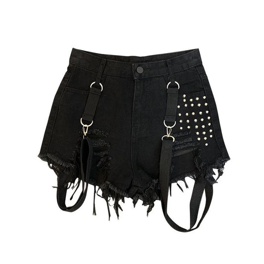 Black Gothic Studded Suspender Denim Shorts