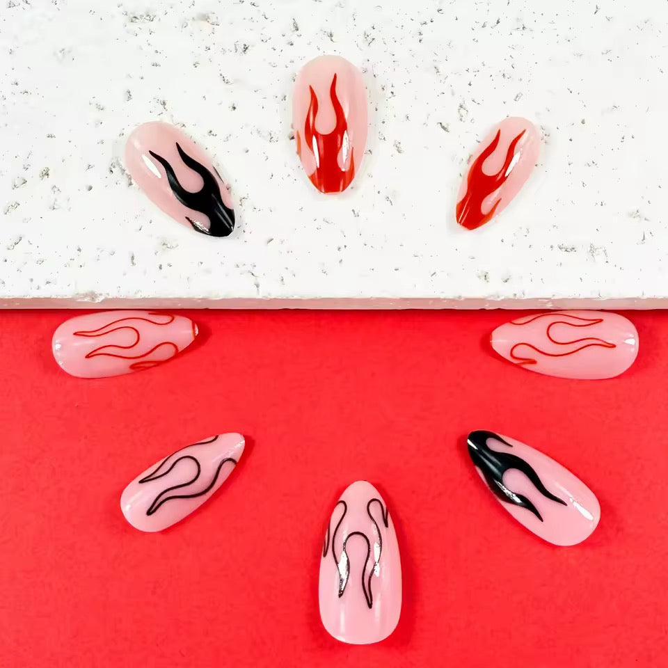 Red And Black Flame Punk 24 Piece Almond Shape Short False Nail Set