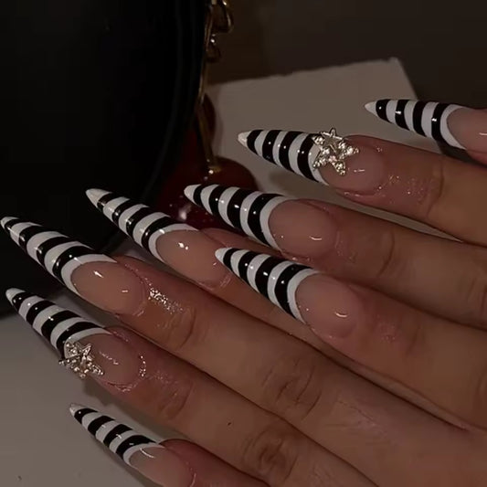 White And Black Stripe French Top Long Star False Nails