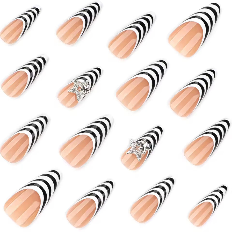 White And Black Stripe French Top Long Star False Nails