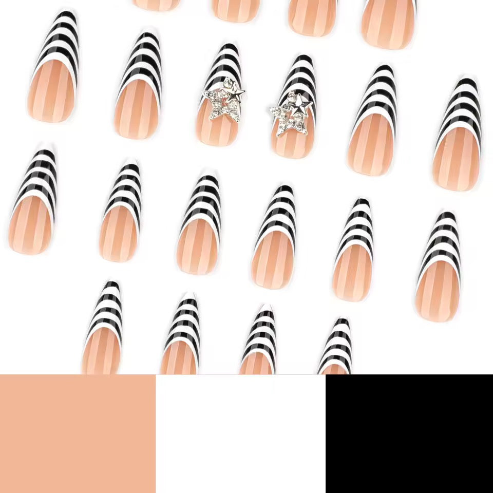 White And Black Stripe French Top Long Star False Nails