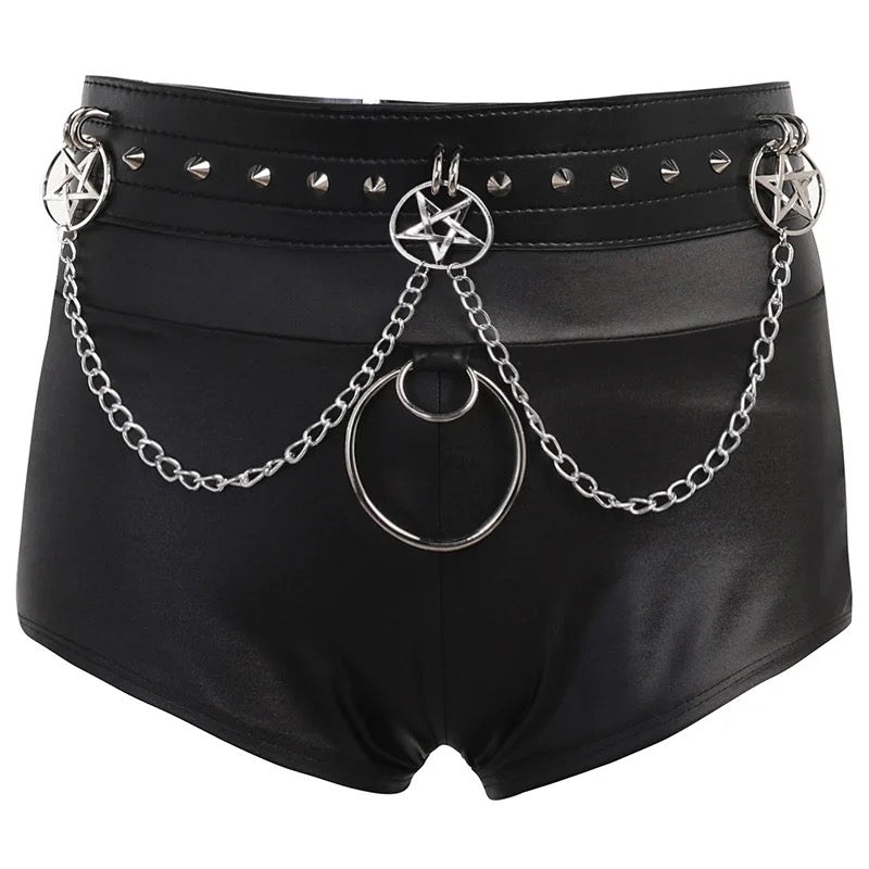 Black Faux Leather Gothic Chain Charm Hot Pant Shorts