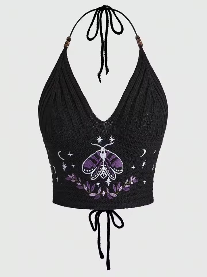 Black Crochet Gothic Boho Moth Embroidered Halter Crop Top
