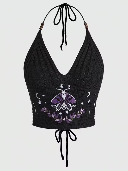Black Crochet Gothic Boho Moth Embroidered Halter Crop Top