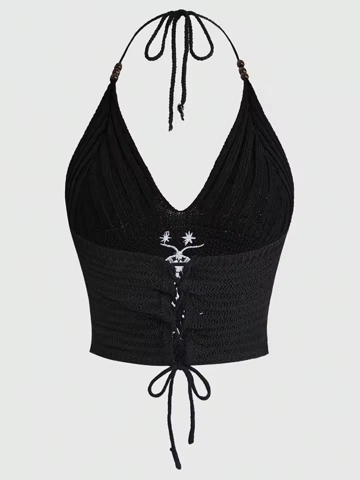 Black Crochet Gothic Boho Moth Embroidered Halter Crop Top