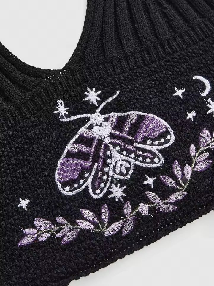 Black Crochet Gothic Boho Moth Embroidered Halter Crop Top