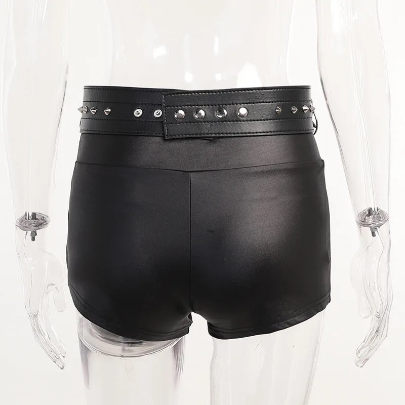 Black Faux Leather Gothic Chain Charm Hot Pant Shorts