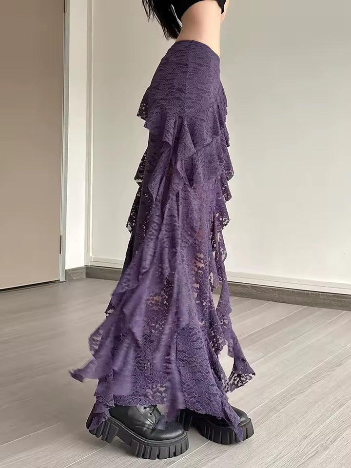 Purple Gothic Lace Asymmetric Maxi Skirt