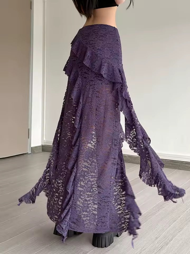 Purple Gothic Lace Asymmetric Maxi Skirt