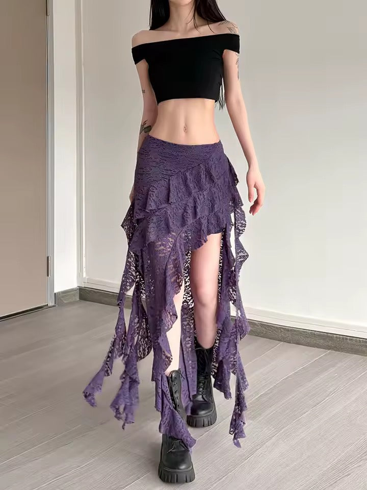 Purple Gothic Lace Asymmetric Maxi Skirt