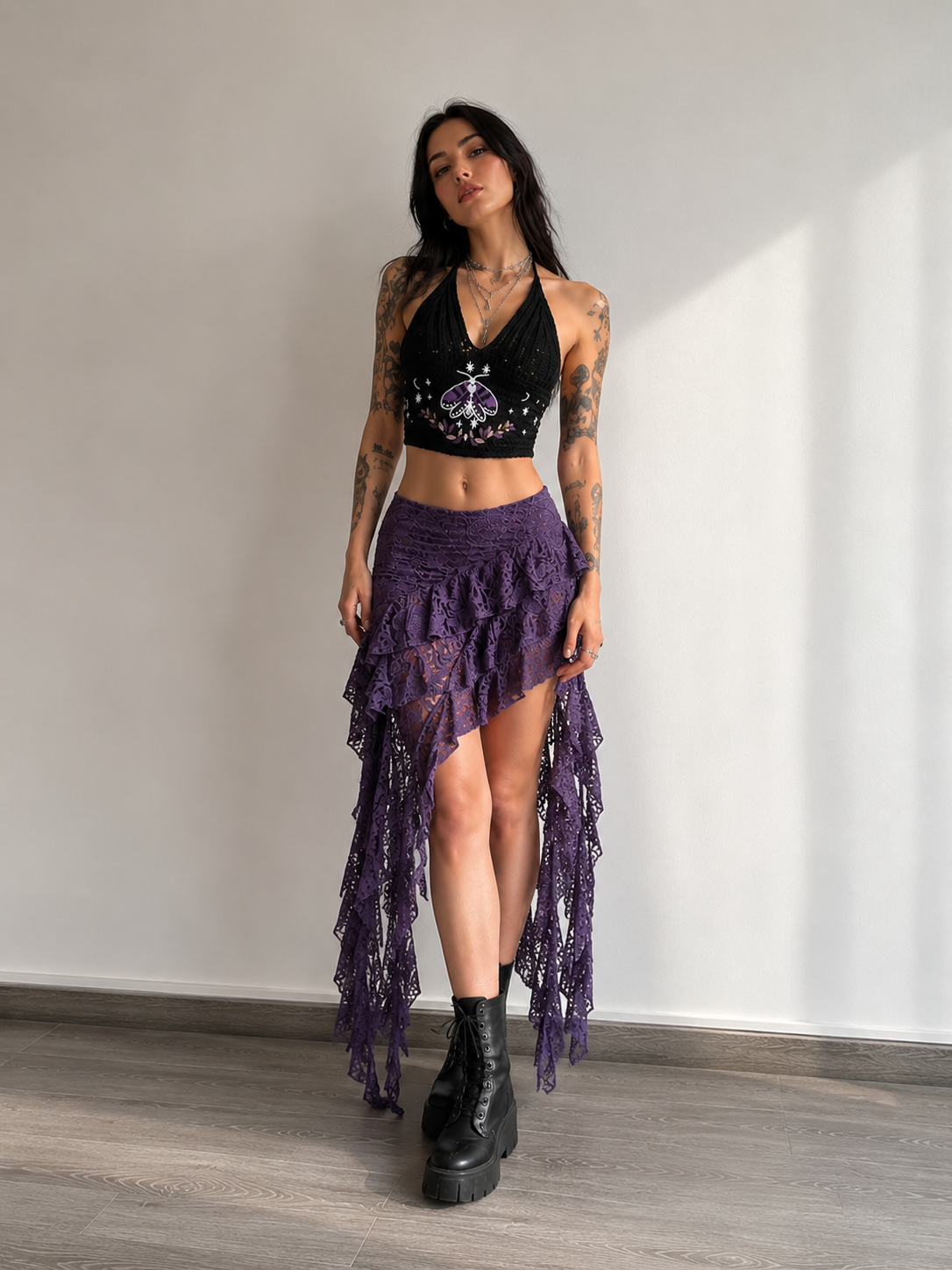 Purple Gothic Lace Asymmetric Maxi Skirt