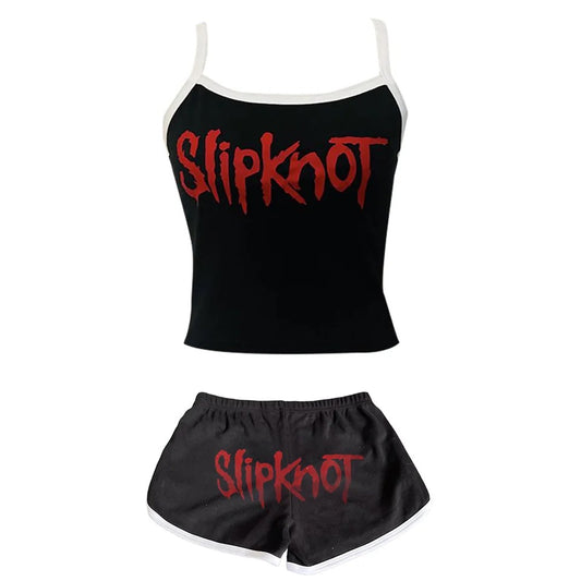 Black Gothic Band 2 Piece Top And Shorts Set