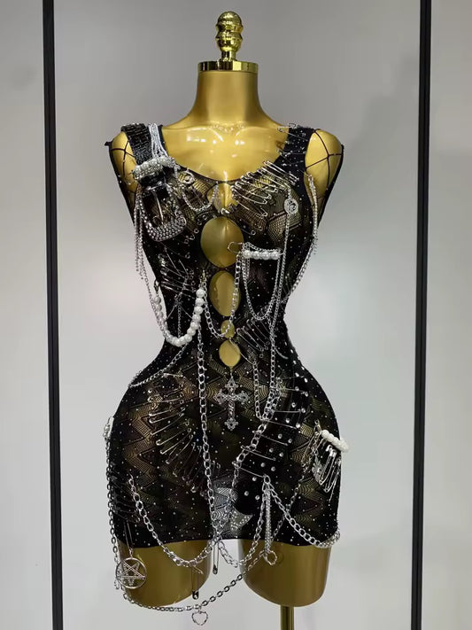 Black Mesh Ultimate Punk Charm Mini Chain Dress
