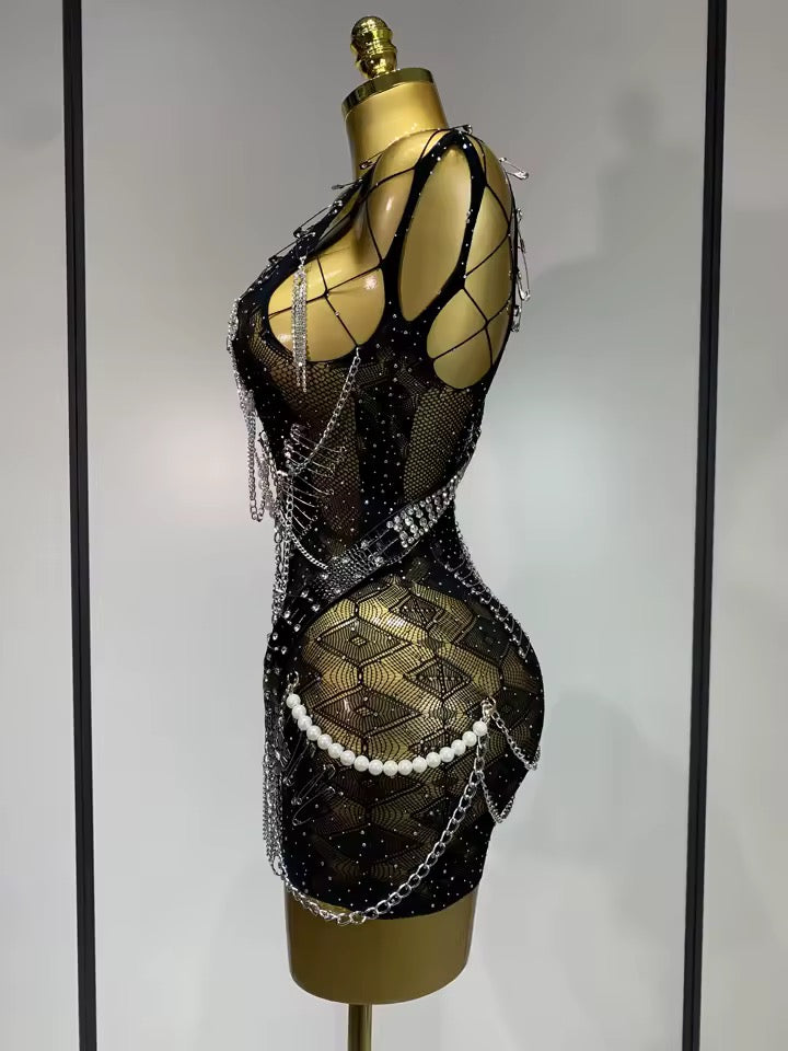 Black Mesh Ultimate Punk Charm Mini Chain Dress