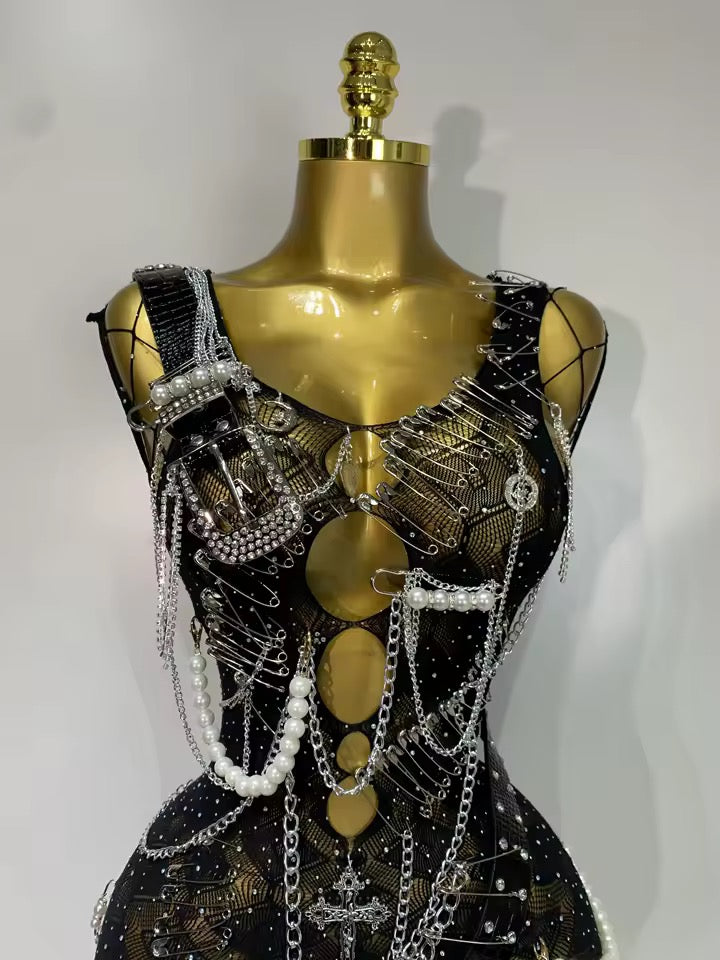 Black Mesh Ultimate Punk Charm Mini Chain Dress