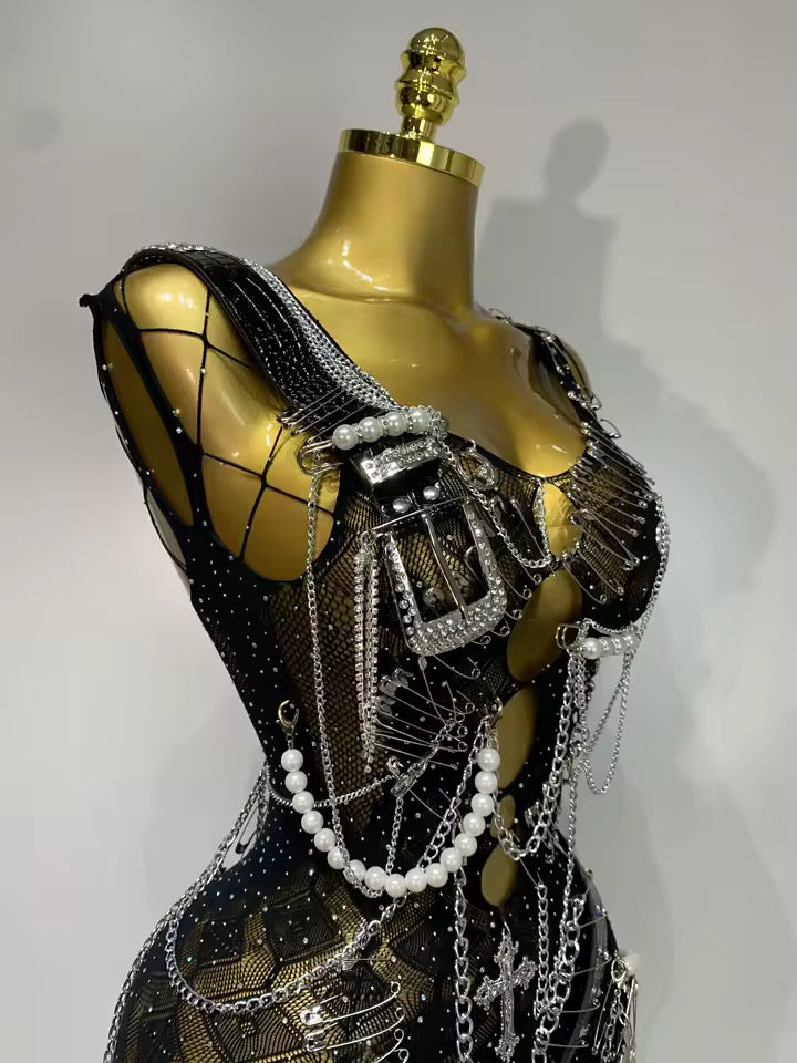Black Mesh Ultimate Punk Charm Mini Chain Dress