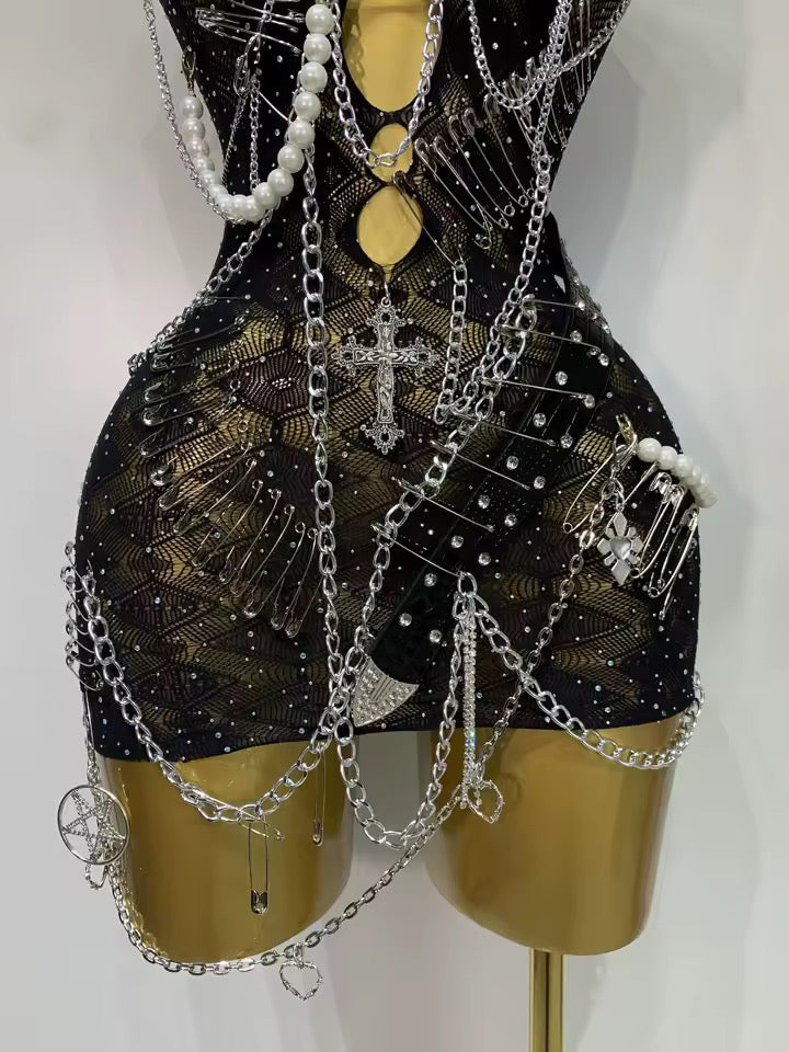 Black Mesh Ultimate Punk Charm Mini Chain Dress