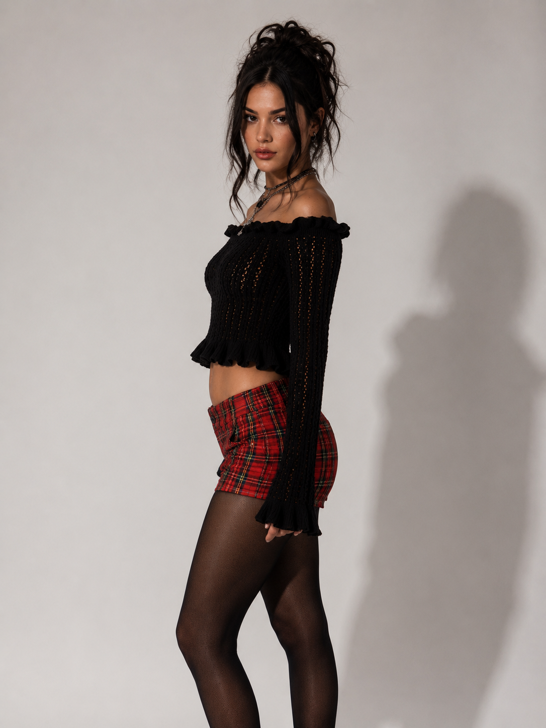 Black Knitted Off Shoulder Ruffle Long Sleeve Cropped Jumper