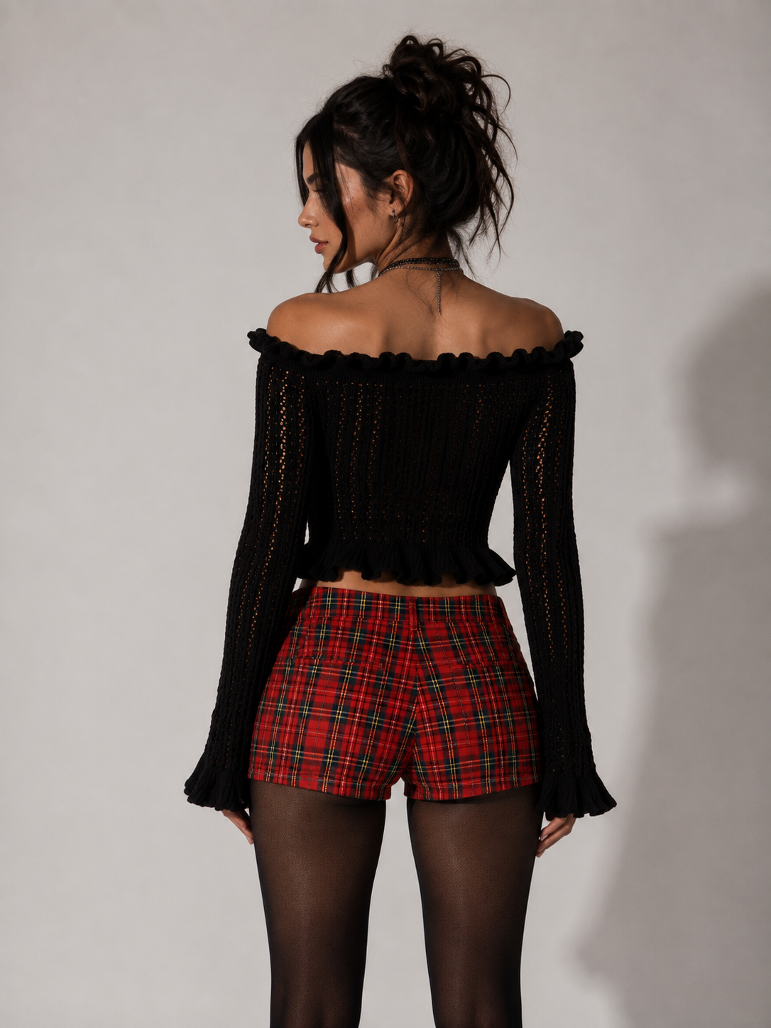 Black Knitted Off Shoulder Ruffle Long Sleeve Cropped Jumper
