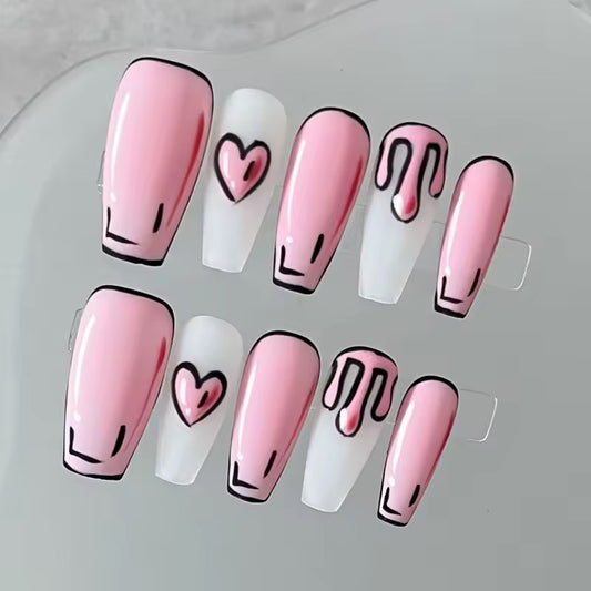 Pink Cartoon 3D Long Coffin Square Heart False Nails