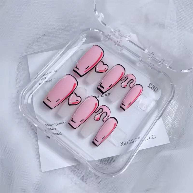 Pink Cartoon 3D Long Coffin Square Heart False Nails