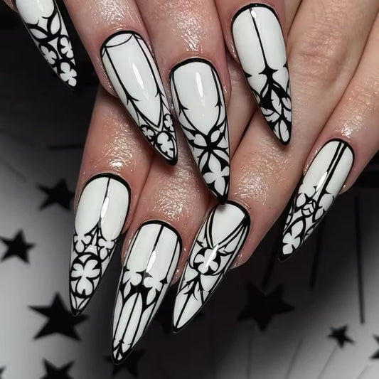 White And Black Long Gothic Monochrome Press On False Nails