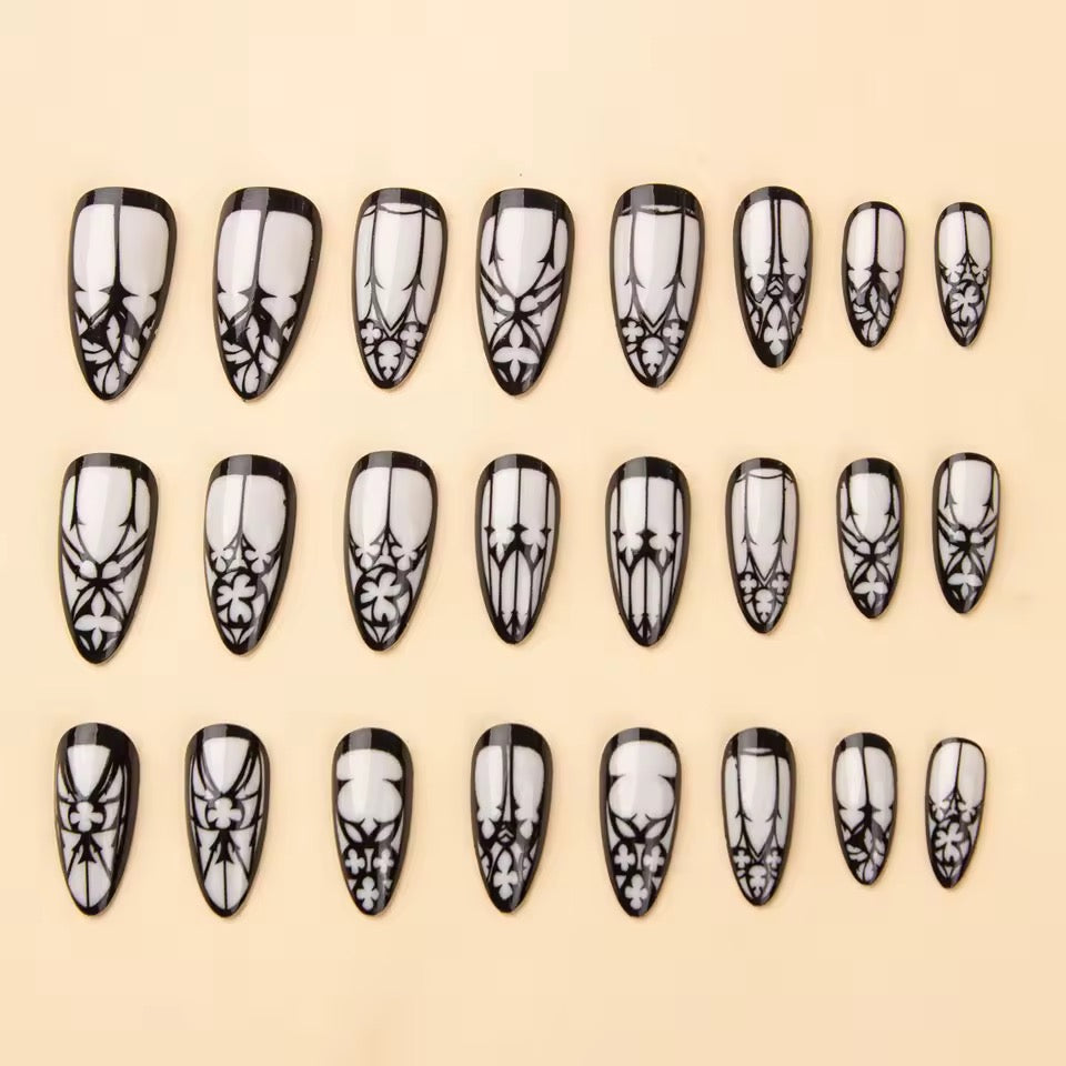 White And Black Long Gothic Monochrome Press On False Nails
