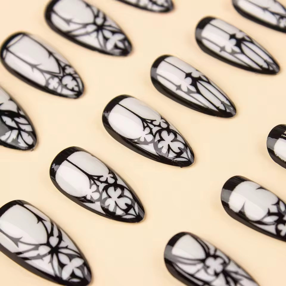 White And Black Long Gothic Monochrome Press On False Nails