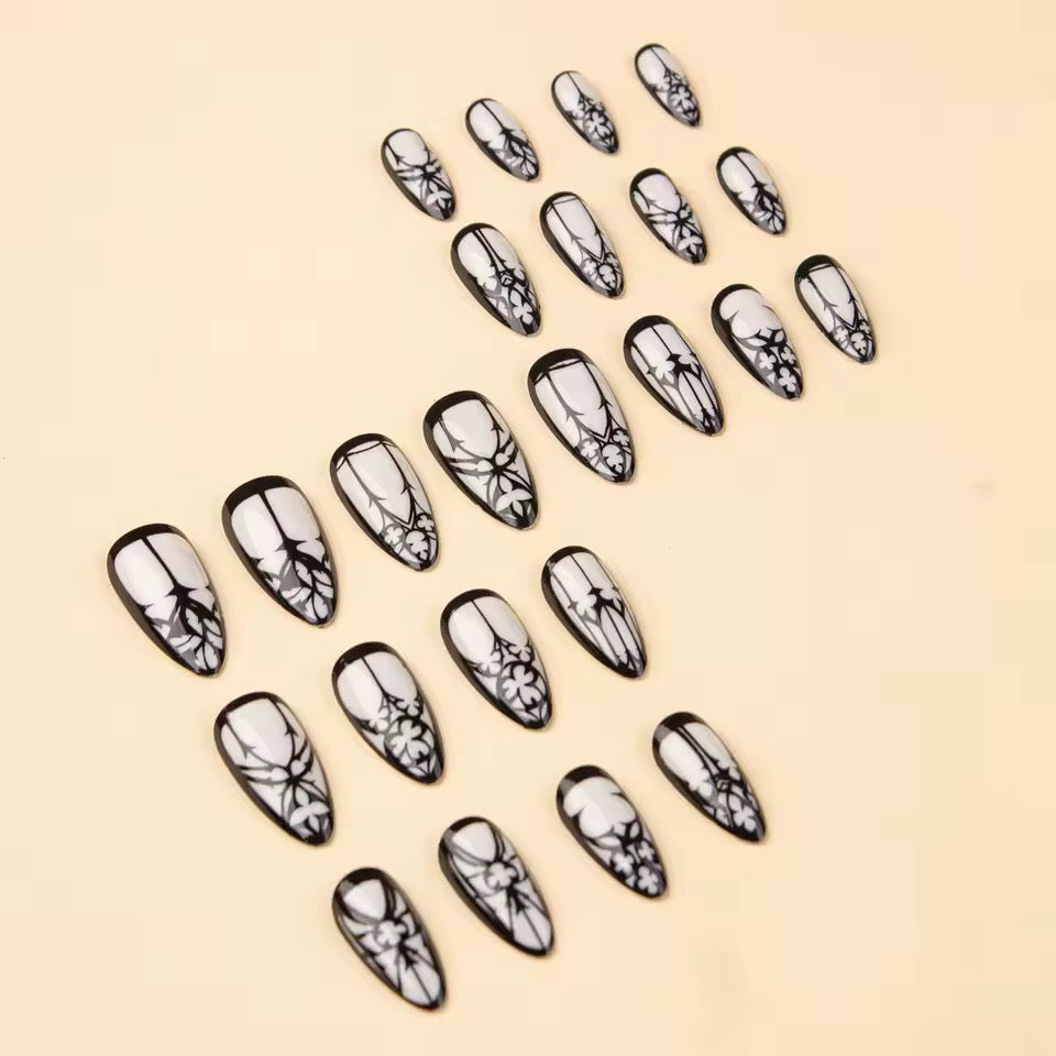 White And Black Long Gothic Monochrome Press On False Nails