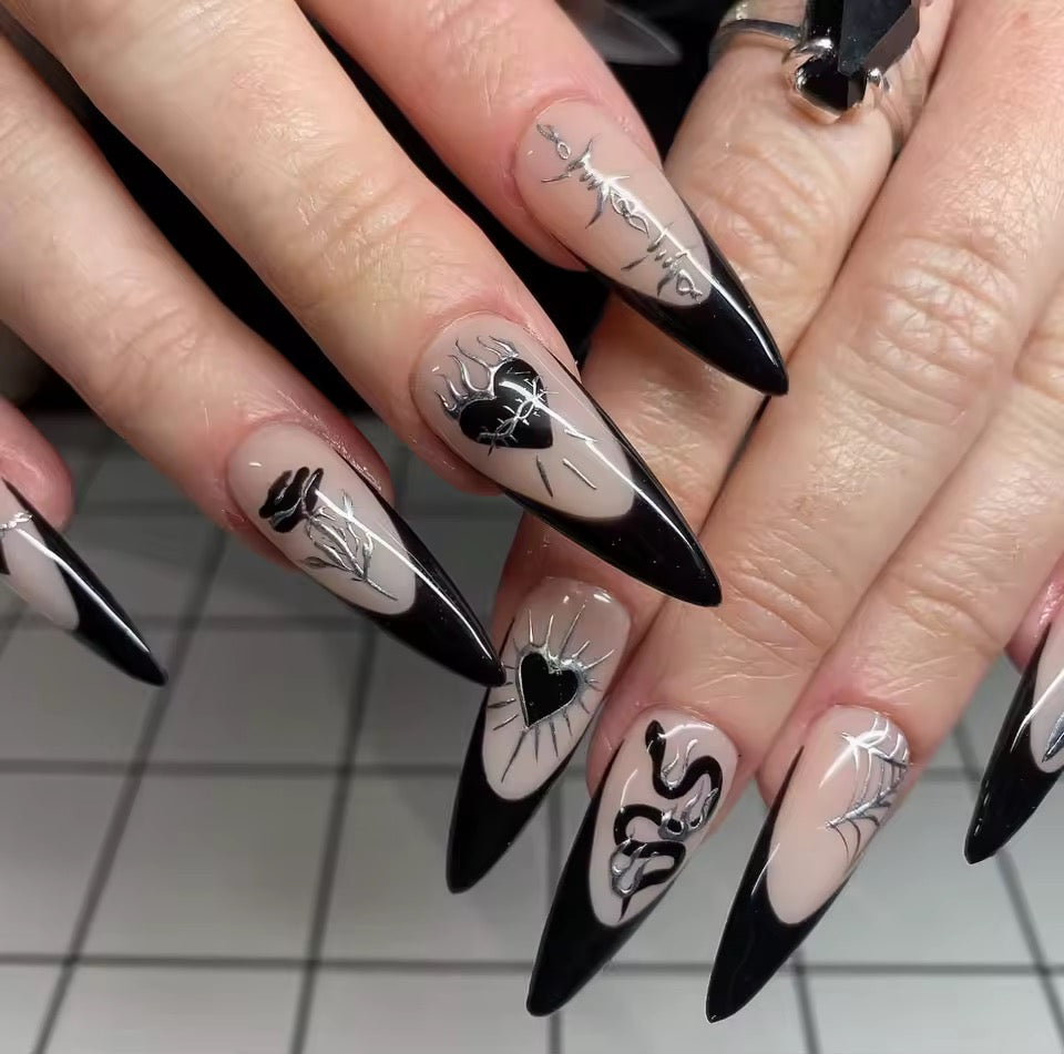 Gothic Black French Tip Long Whimsy Press On False Nails