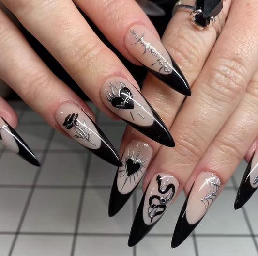 Gothic Black French Tip Long Whimsy Press On False Nails