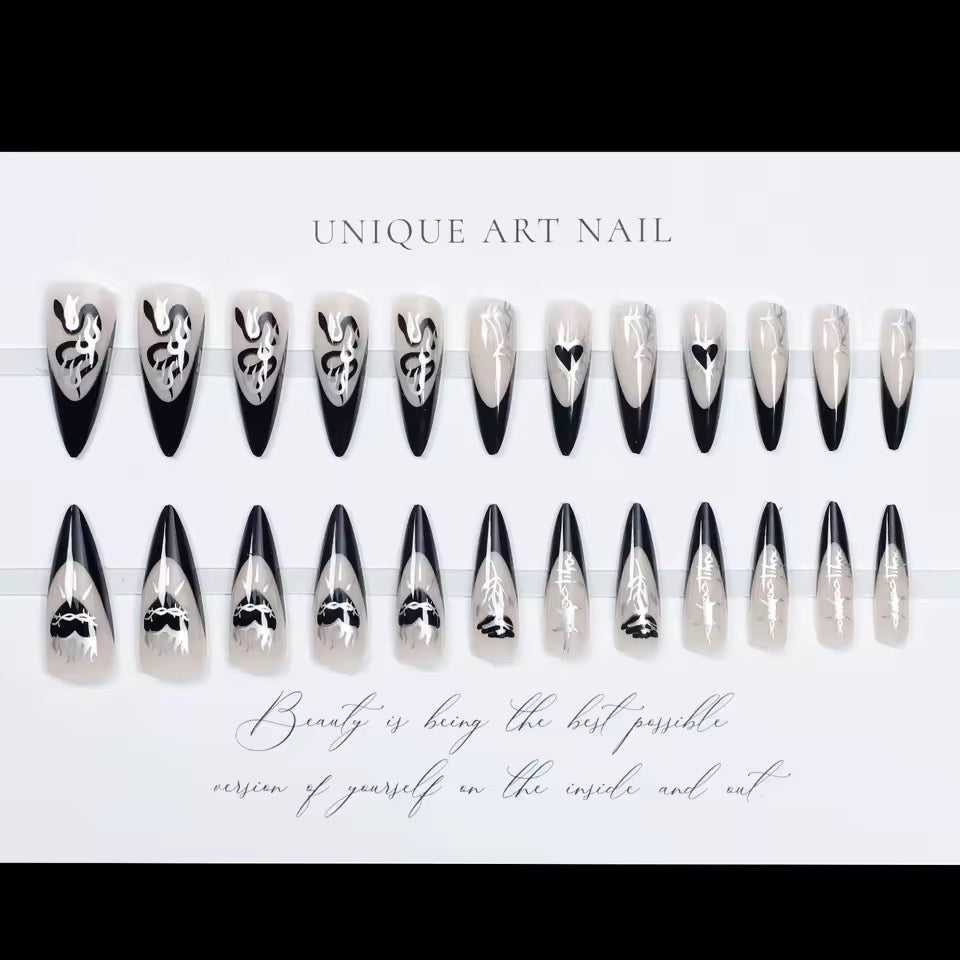 Gothic Black French Tip Long Whimsy Press On False Nails