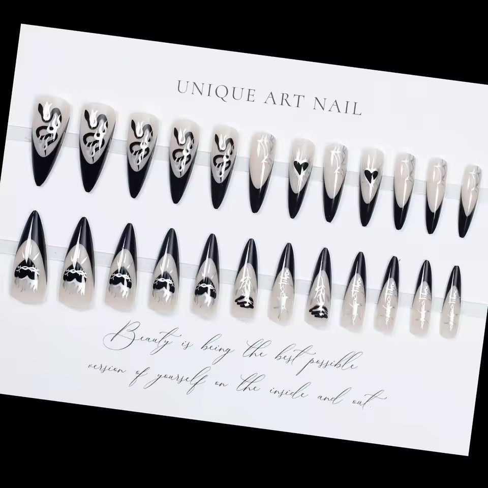 Gothic Black French Tip Long Whimsy Press On False Nails