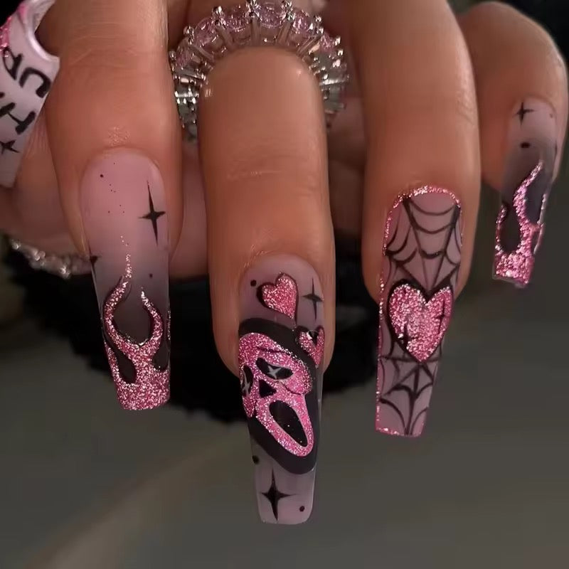 Pink Glitter Halloween Pastel Goth Long Square Tip Press On False Nails