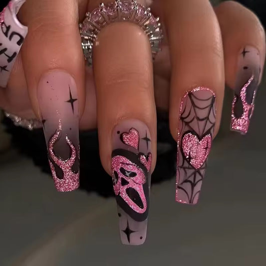 Pink Glitter Halloween Pastel Goth Long Square Tip Press On False Nails