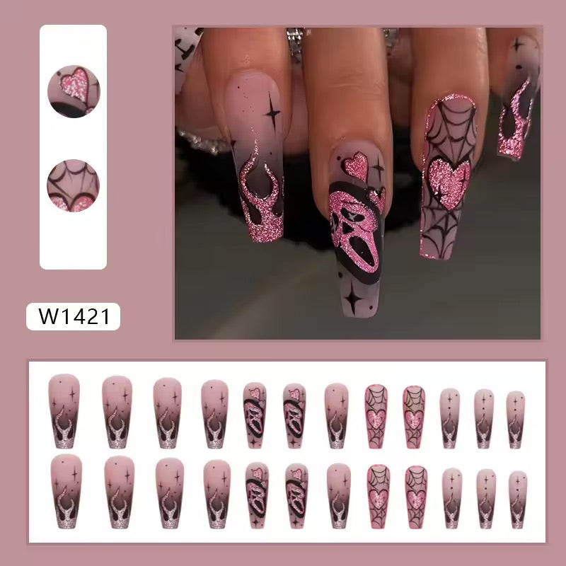 Pink Glitter Halloween Pastel Goth Long Square Tip Press On False Nails