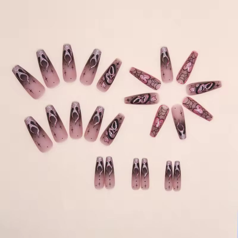Pink Glitter Halloween Pastel Goth Long Square Tip Press On False Nails
