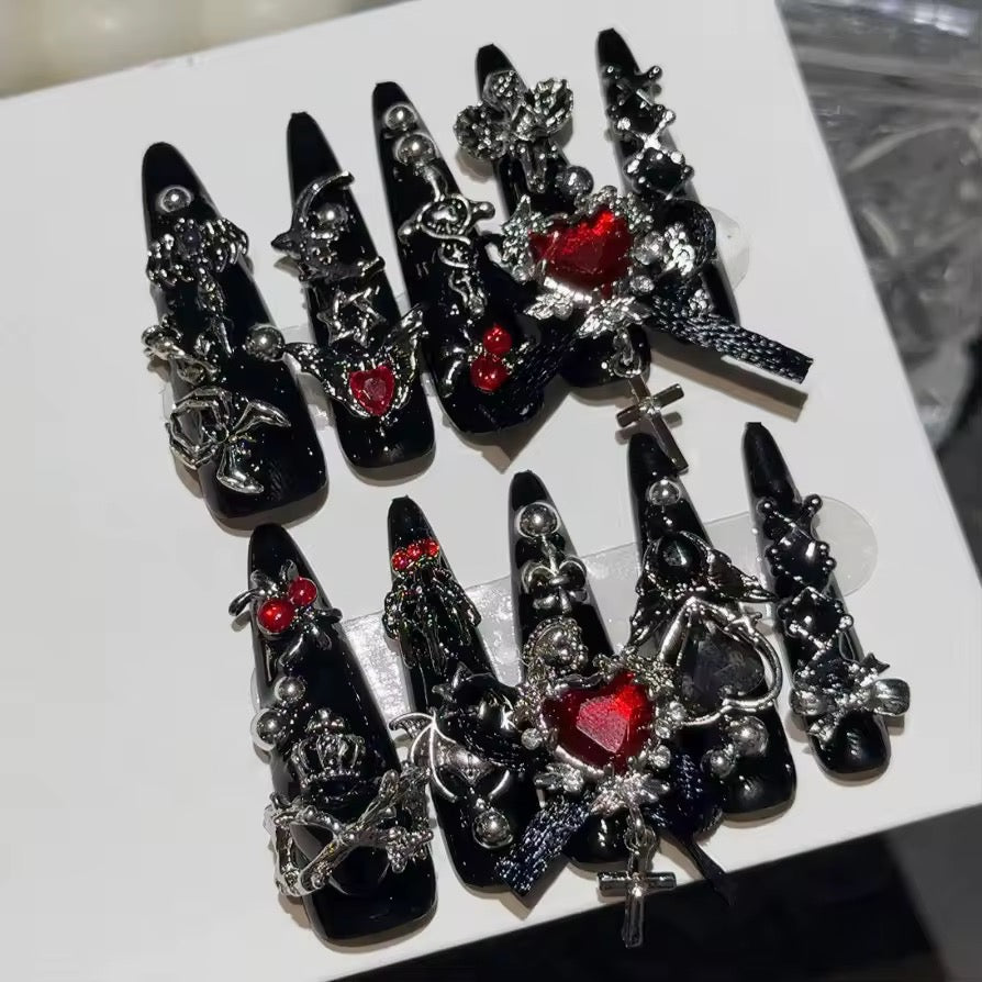Black And Red Handmade Royal Gothic Embellished Long Press On False Nails