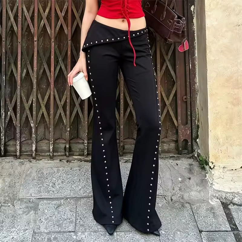 Black Roll Over Low Waist Studded Flare Punk Trousers