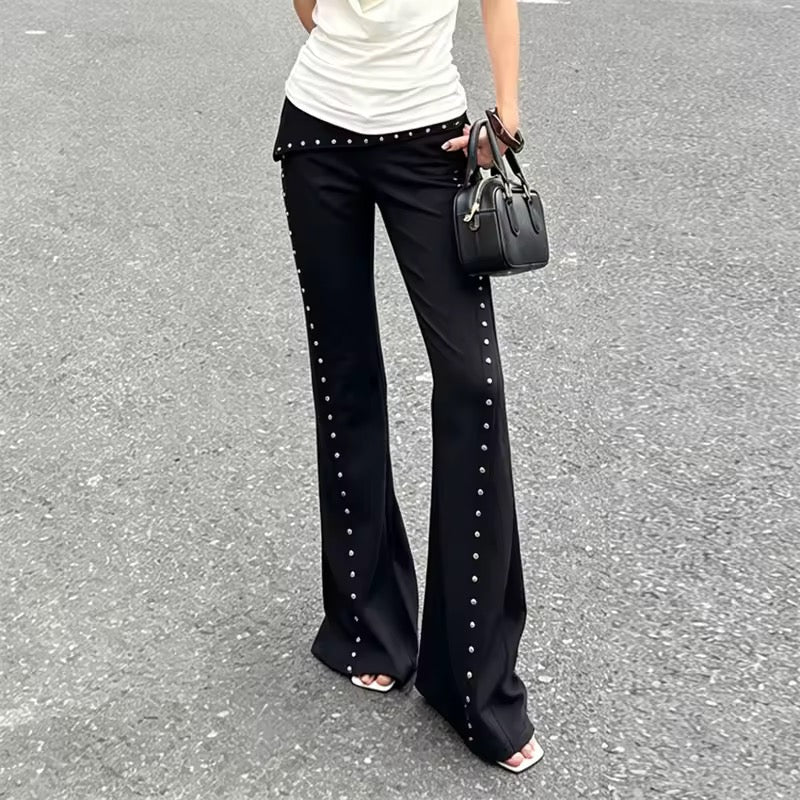 Black Roll Over Low Waist Studded Flare Punk Trousers