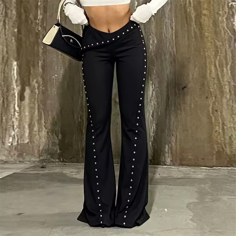 Black Roll Over Low Waist Studded Flare Punk Trousers
