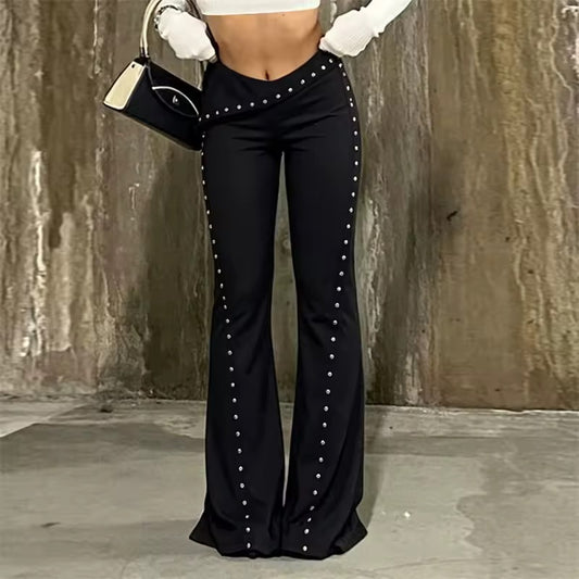 Black Roll Over Low Waist Studded Flare Punk Trousers