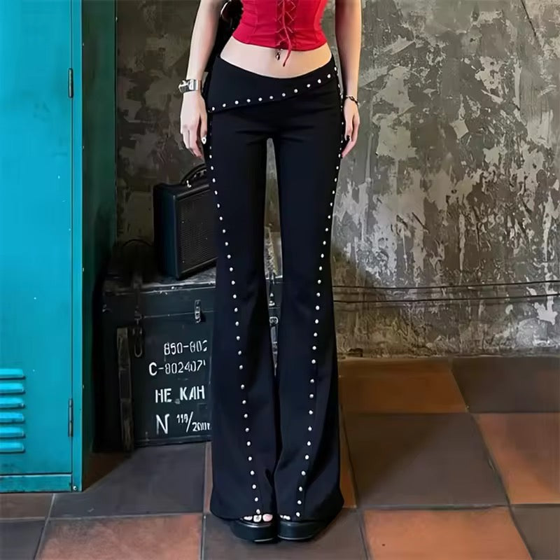 Black Roll Over Low Waist Studded Flare Punk Trousers