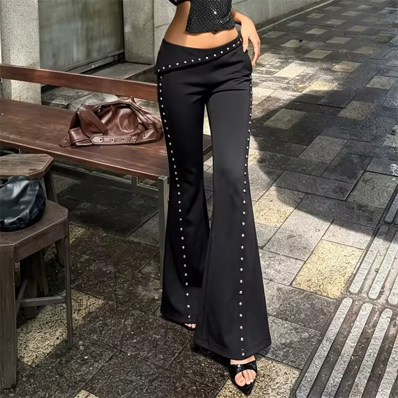 Black Roll Over Low Waist Studded Flare Punk Trousers