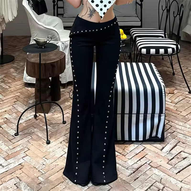 Black Roll Over Low Waist Studded Flare Punk Trousers