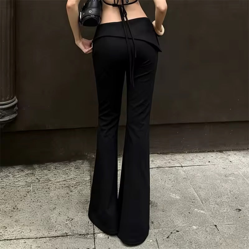 Black Roll Over Low Waist Studded Flare Punk Trousers