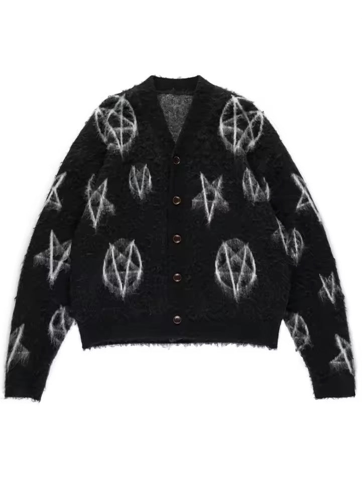 Black Distressed Pentagram Fluffy Cardigan